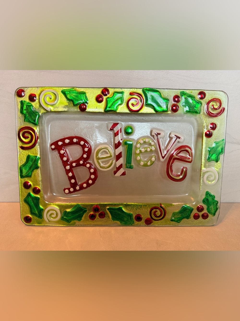 Red & Green Holiday Large 14"X 9" Hand Blown Glass Believe Hand Painted Platter